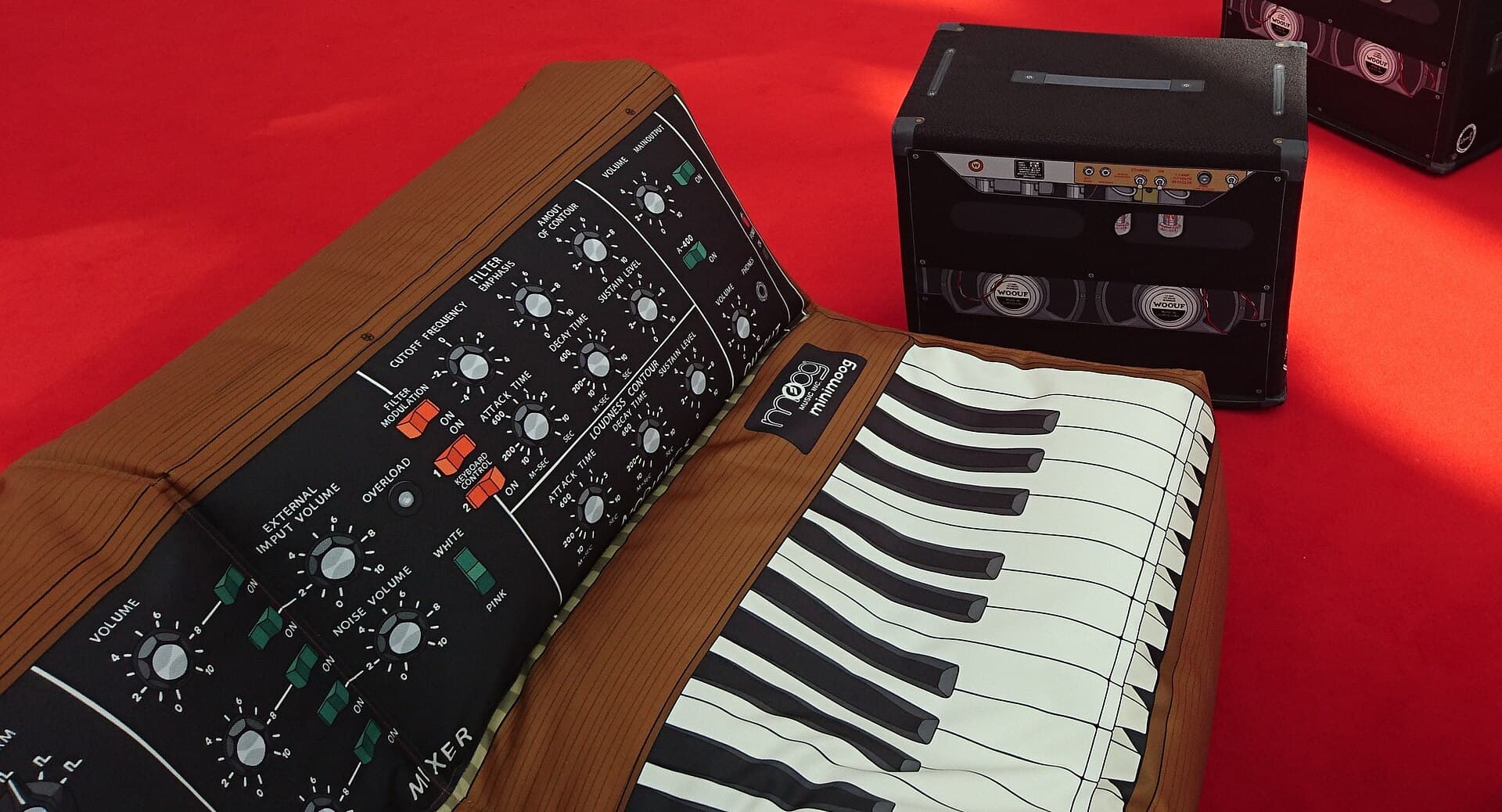 Minimoog couch &amp; guitar amp furniture on living room